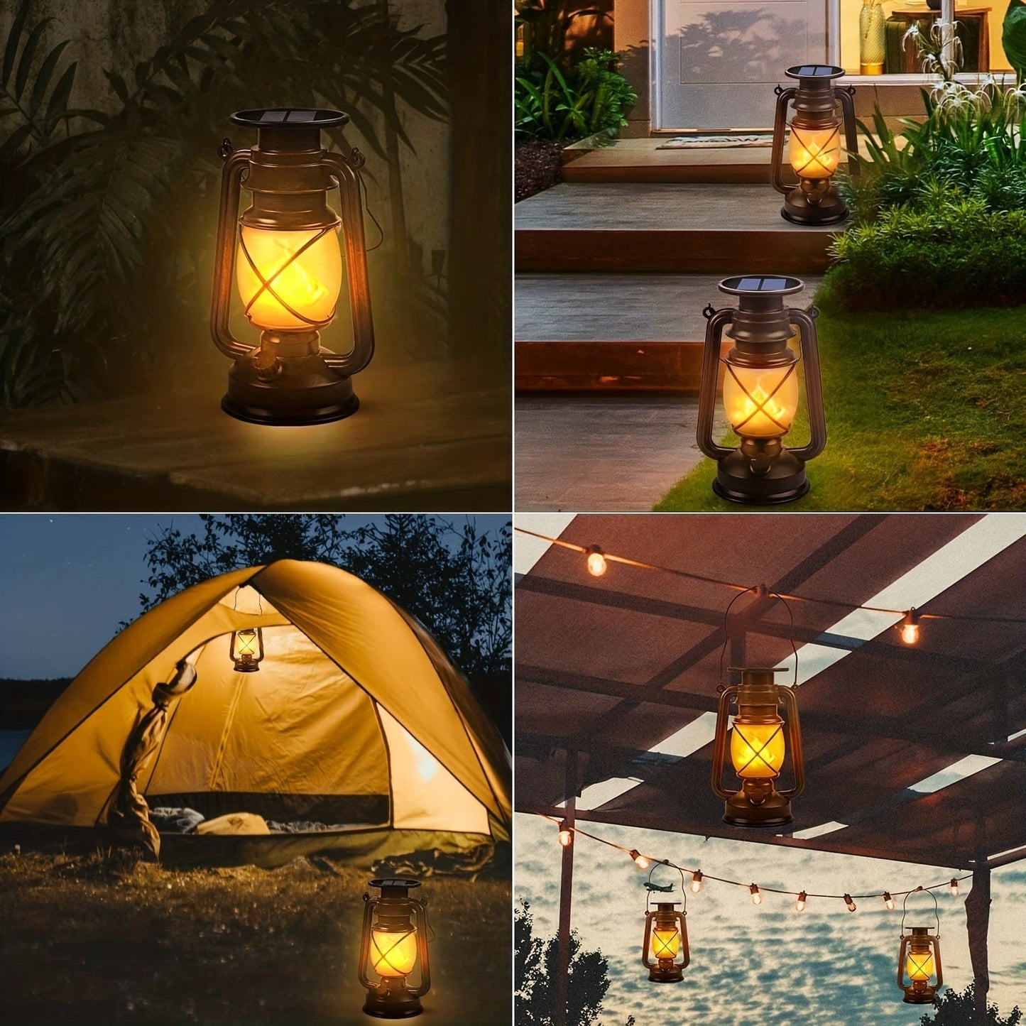 Solar Lanterns Set of 2 for Vintage Dancing Flame LED Lights for Garden and Patio