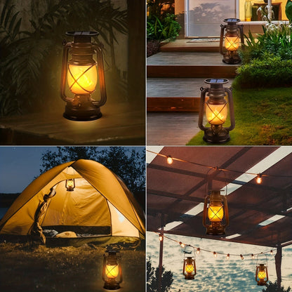 Solar Lanterns Set of 2 for Vintage Dancing Flame LED Lights for Garden and Patio