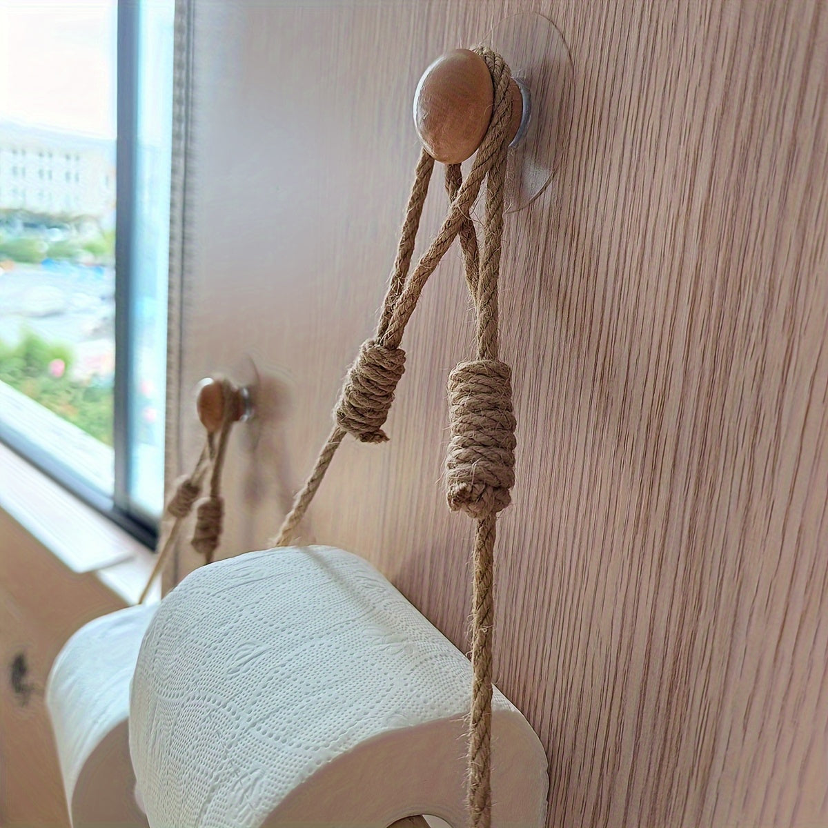 Holder Rustic Toilet Paper for Macramé Rope and Wooden Rod for Bathroom