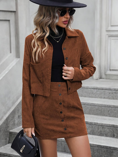 Set with Elegant Corduroy Women's Jacket and Skirt for Stylish for Spring & Autumn