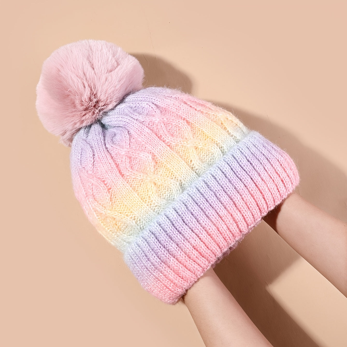Lana Rainbow Beanie for Girls for Knitted Hat with Pom Pom and Thick Material for Winter