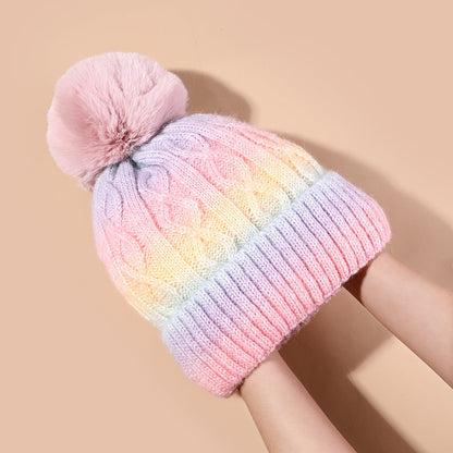 Lana Rainbow Beanie for Girls for Knitted Hat with Pom Pom and Thick Material for Winter