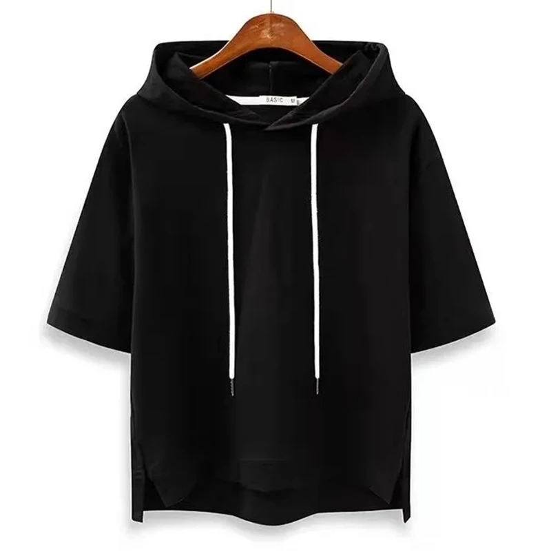 Ladies' Short-Sleeve Hoodie Made from Breathable Cotton Blend with a Boxy Fit