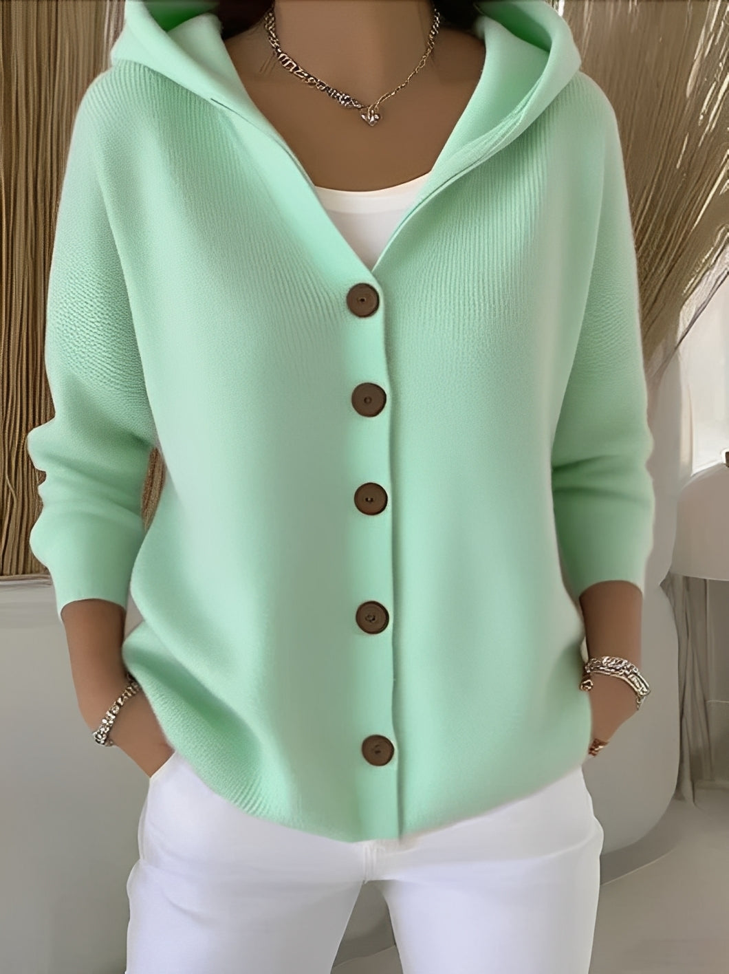 Knitted Women's Cardigan with Hood and Buttons for a Comfortable Casual Look