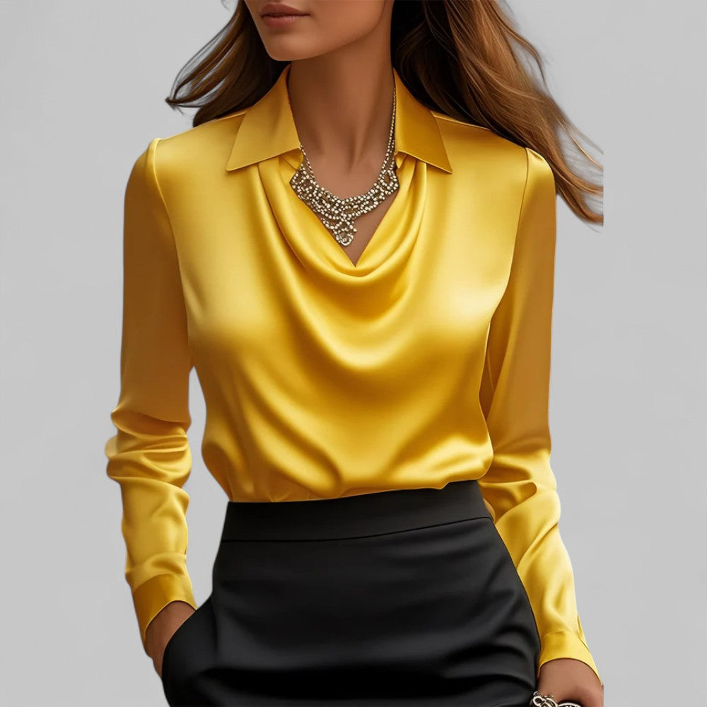 Ladies Satin Blouse with Waterfall Neckline and Long Sleeves