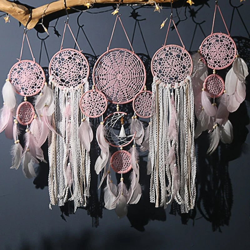 Bohemian Dreamcatcher Wall Decor with Moon Motif and Feathers for Atmospheric Interior Styling