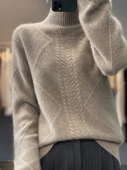 Cashmere Roll Neck Jumper for Women with Cable Knit Pattern and Soft Warmth