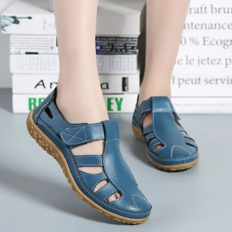 Leather Sandals for Women with Velcro and Comfort Sole