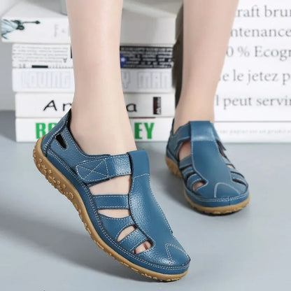 Leather Sandals for Women with Velcro and Comfort Sole