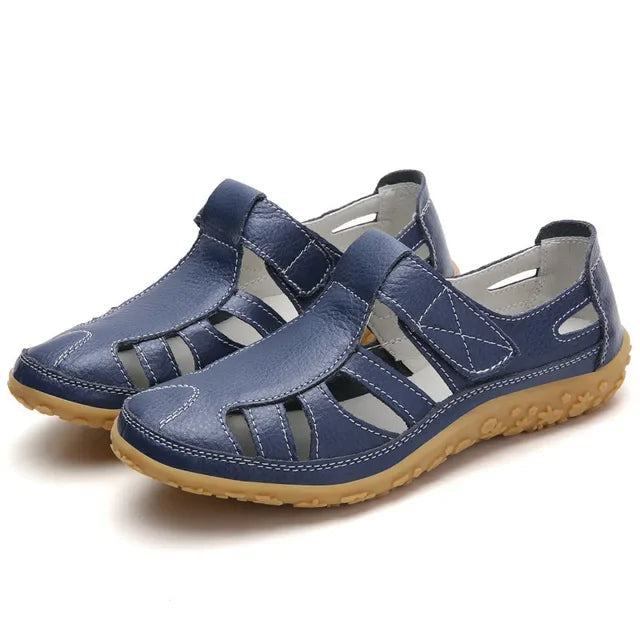 Leather Sandals for Women with Velcro and Comfort Sole