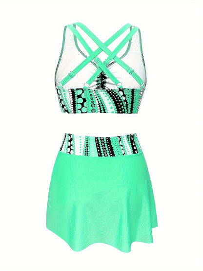 Set Tankini Women Polka Dot Tankini with Skirt Three‑piece