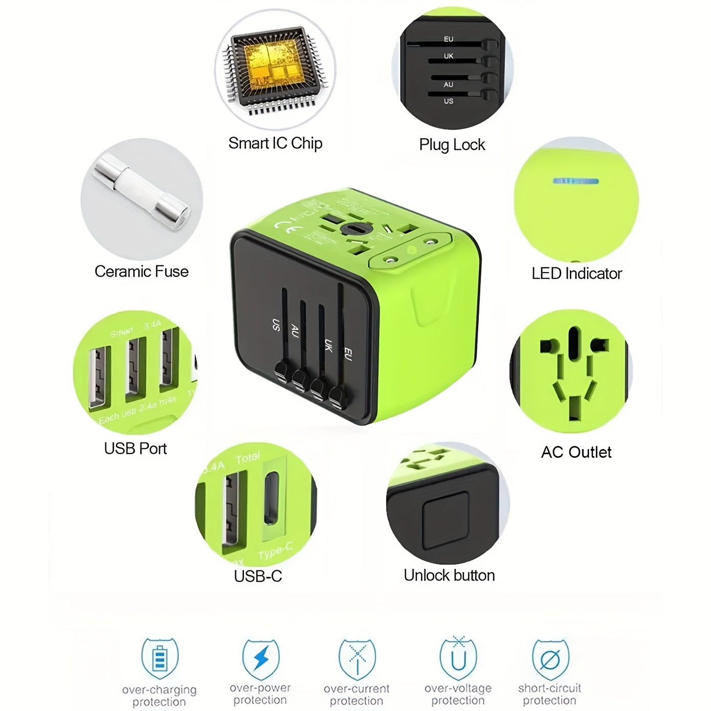 Travel Adapter with 4 USB Ports and Type-C for Global Charger