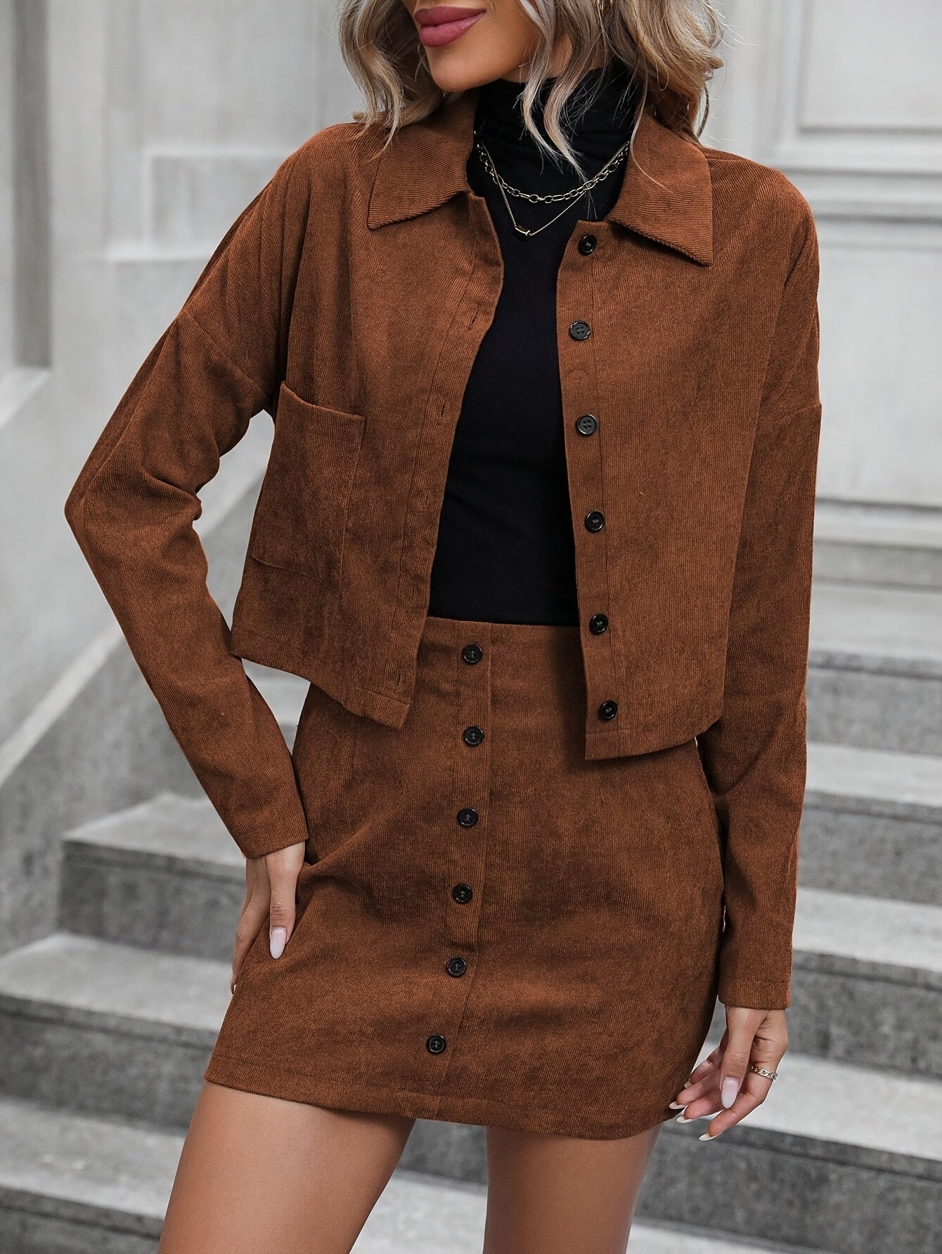 Set with Elegant Corduroy Women's Jacket and Skirt for Stylish for Spring & Autumn