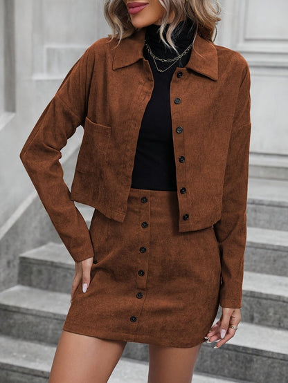 Set with Elegant Corduroy Women's Jacket and Skirt for Stylish for Spring & Autumn