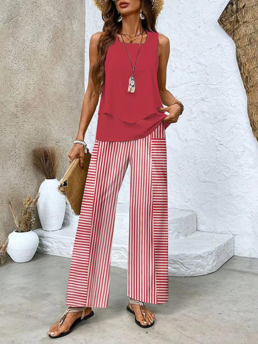 Set with Ladies Two-Piece Leaf Print and Wide Trousers for Summer Style