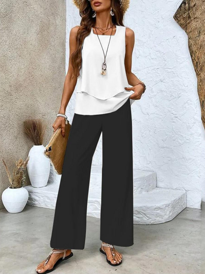 Set with Ladies Two-Piece Leaf Print and Wide Trousers for Summer Style