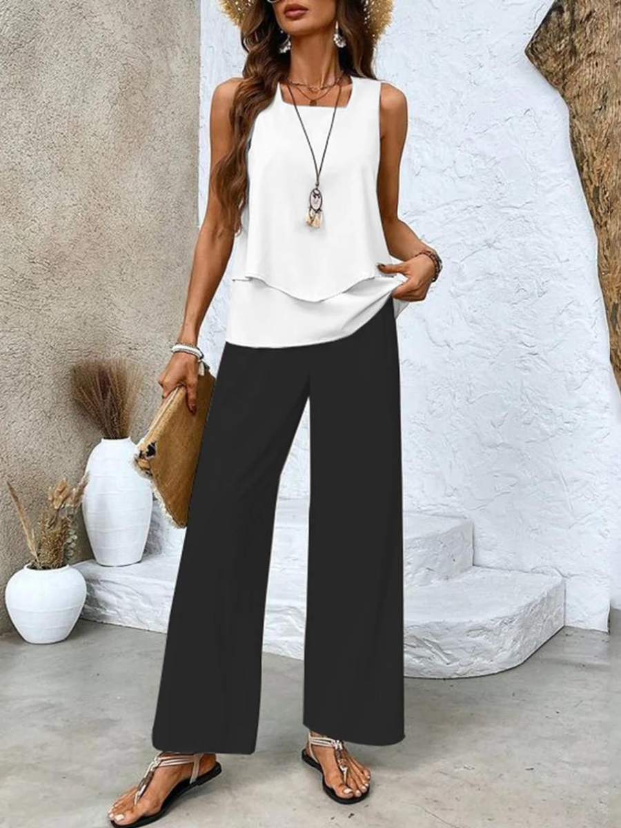 Set with Ladies' Summer Sleeveless Top and Wide Trousers with Leaf Pattern