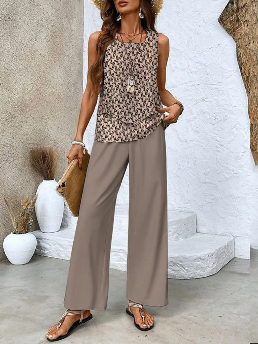 Set with Ladies' Summer Sleeveless Top and Wide Trousers with Leaf Pattern