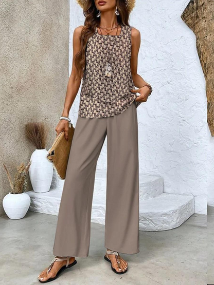 Set with Ladies' Summer Sleeveless Top and Wide Trousers with Leaf Pattern