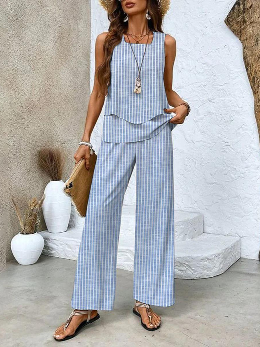 Set with Ladies' Summer Sleeveless Top and Wide Trousers with Leaf Pattern