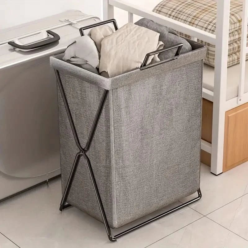 Basket with Foldable Laundry Metal Frame and Woven Fabric Storage Bag