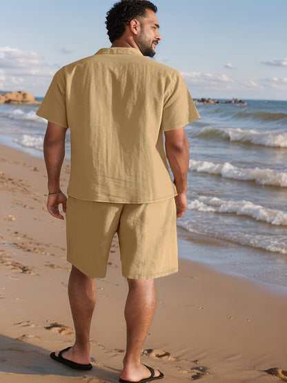 Set with Linen Summer Design for Men with Short Sleeve Shirt and Comfortable Shorts