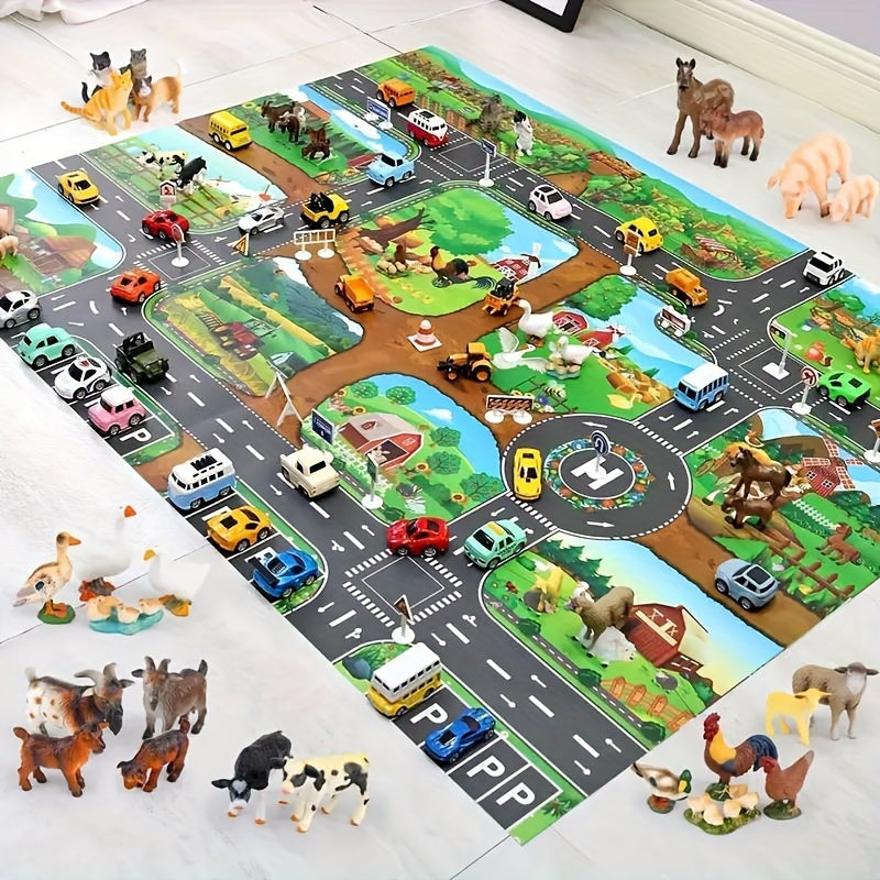 Mat with Interactive Play Adventure for Explore Farm and Traffic with Toys