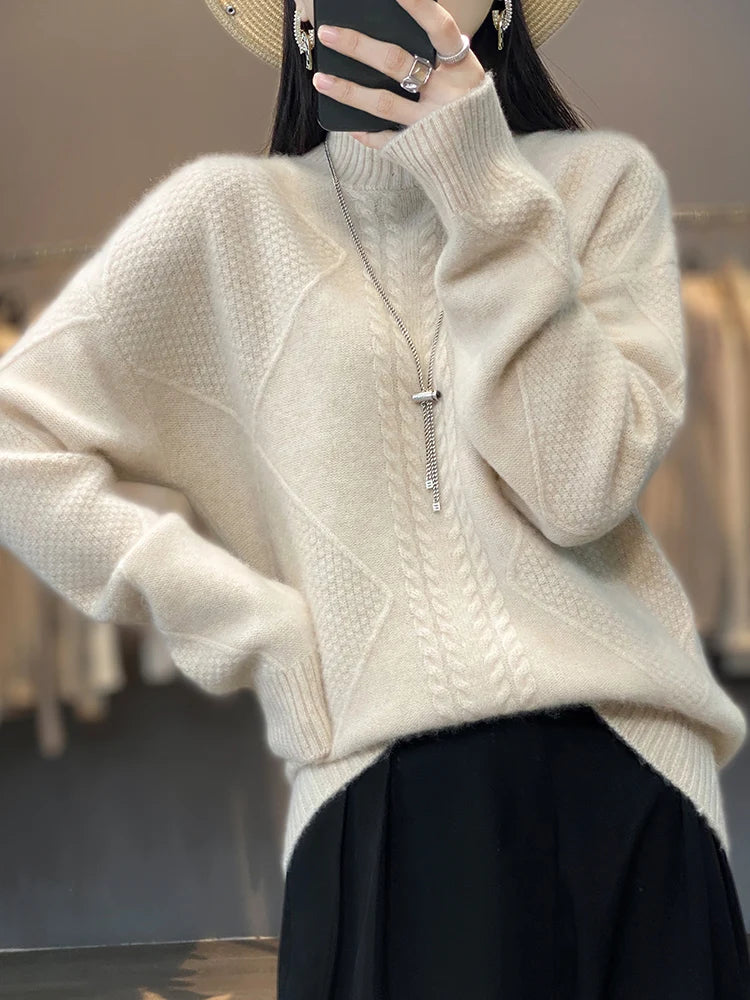 Cashmere Roll Neck Jumper for Women with Cable Knit Pattern and Soft Warmth