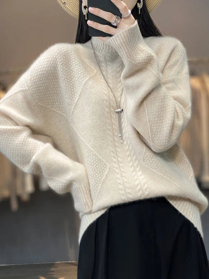 Cashmere Roll Neck Jumper for Women with Cable Knit Pattern and Soft Warmth