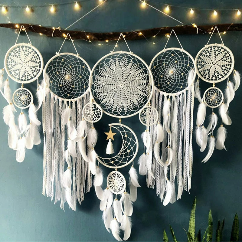 Bohemian Dreamcatcher Wall Decor with Moon Motif and Feathers for Atmospheric Interior Styling