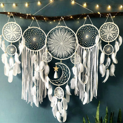 Bohemian Dreamcatcher Wall Decor with Moon Motif and Feathers for Atmospheric Interior Styling