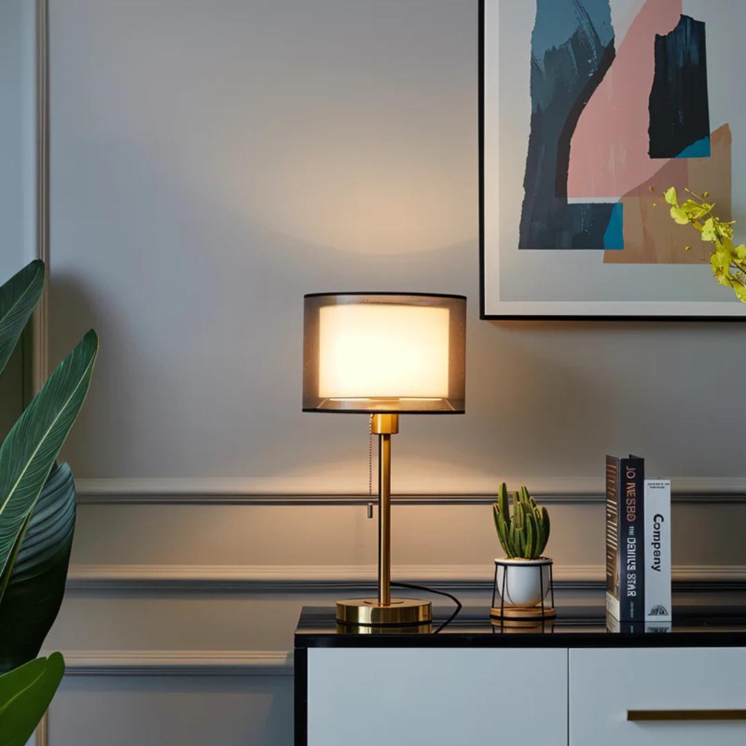 Table Lamp with Vintage Double Fabric Shade for Warm Ambient Light LED