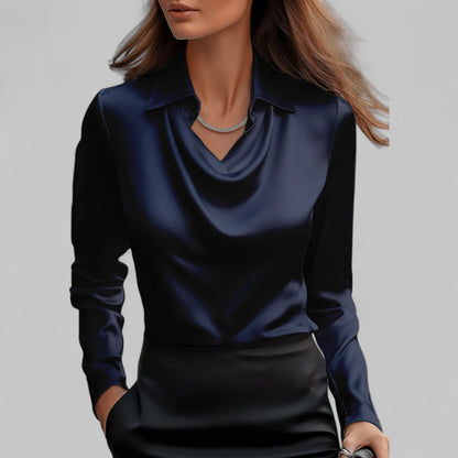 Ladies Satin Blouse with Waterfall Neckline and Long Sleeves