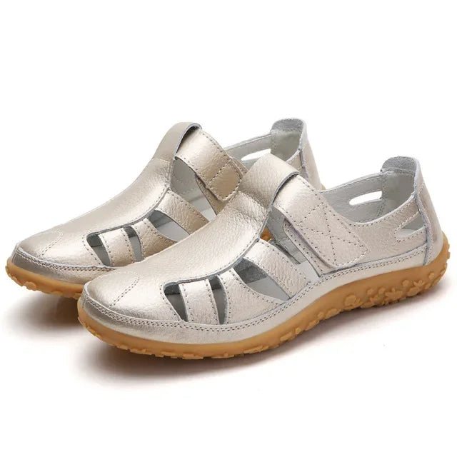 Leather Sandals for Women with Velcro and Comfort Sole