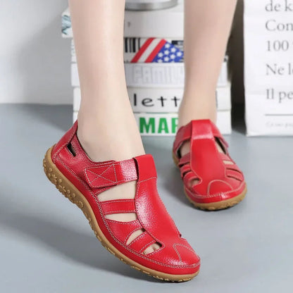 Leather Sandals for Women with Velcro and Comfort Sole