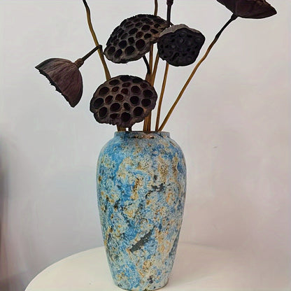 Vase with Unique Vintage Ceramic Design with Handmade Blue Earthenware for an Authentic Look