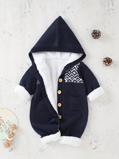 Baby Knitted Jumpsuit with Hood for Warm and Comfortable