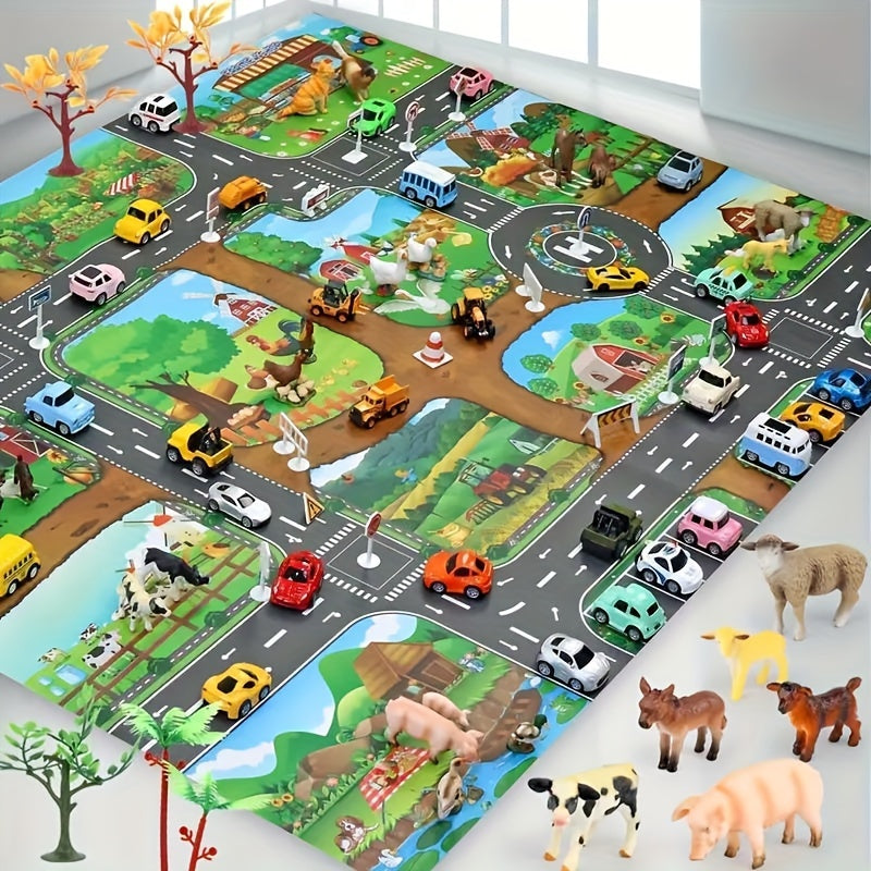 Mat with Interactive Play Adventure for Explore Farm and Traffic with Toys