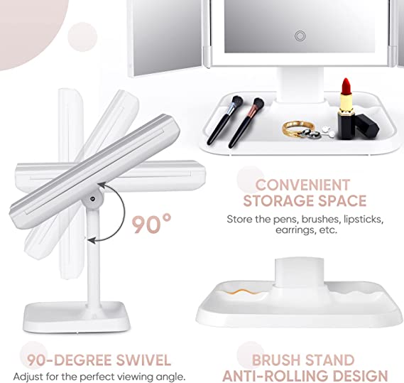 Mirror with Lumière Makeup LED Lighting for Adjustable Magnification and Stylish Storage