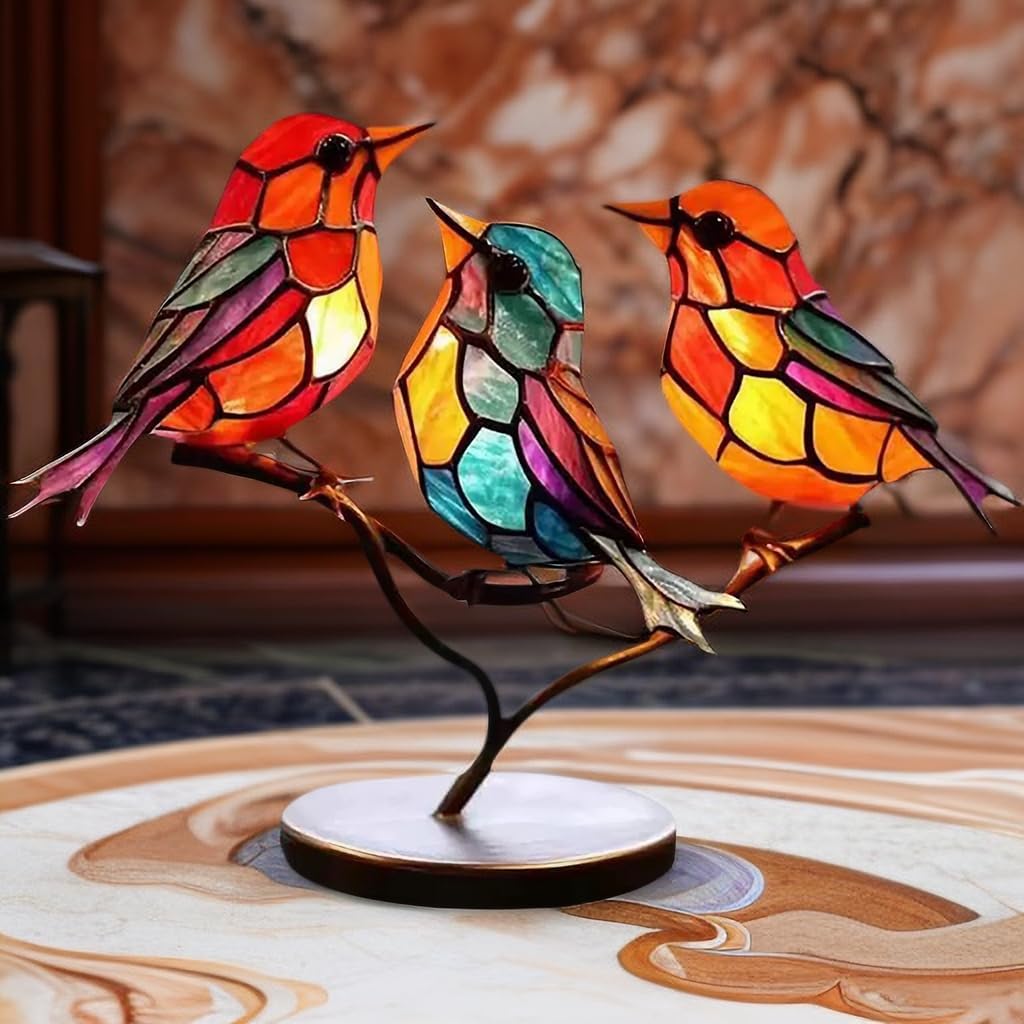 Table with Modern Bird Sculpture with Coloured Glass and Decorative Art Design