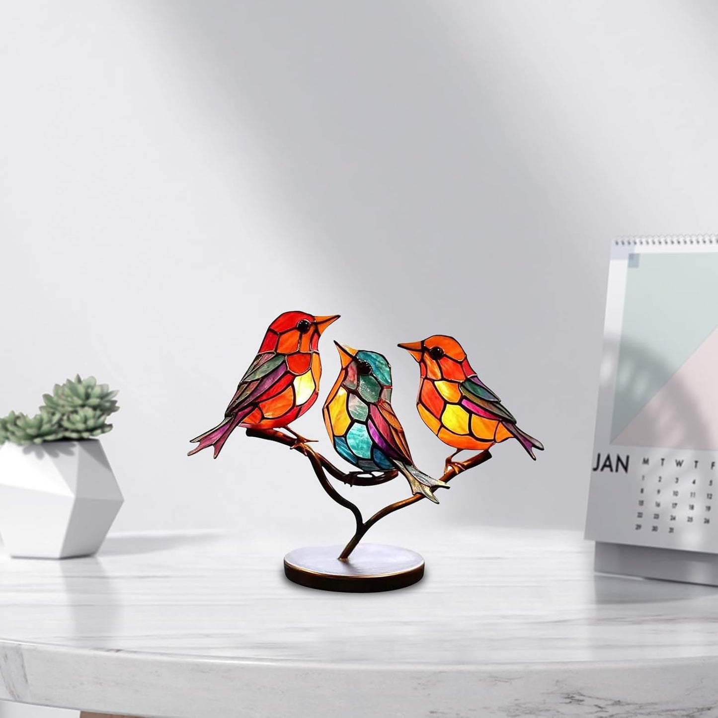 Table with Modern Bird Sculpture with Coloured Glass and Decorative Art Design