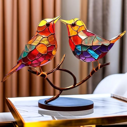 Table with Modern Bird Sculpture with Coloured Glass and Decorative Art Design