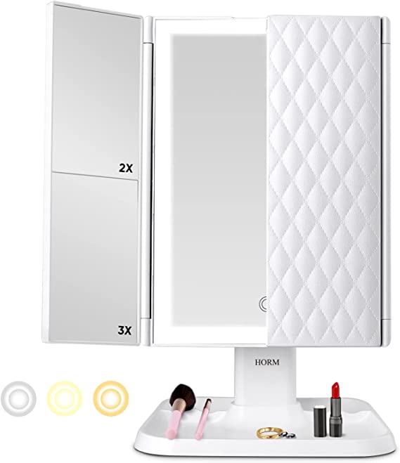 Mirror with Lumière Makeup LED Lighting for Adjustable Magnification and Stylish Storage