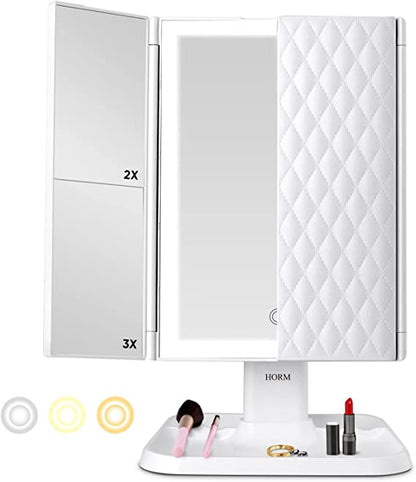 Mirror with Lumière Makeup LED Lighting for Adjustable Magnification and Stylish Storage