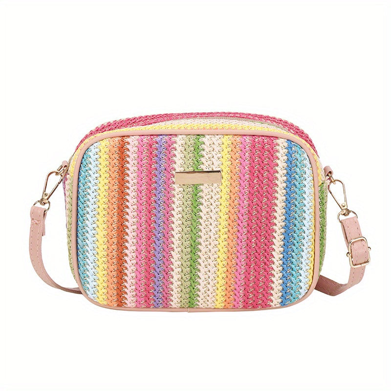 Bag with Shoulder Women Striped Woven Design with Zip Closure