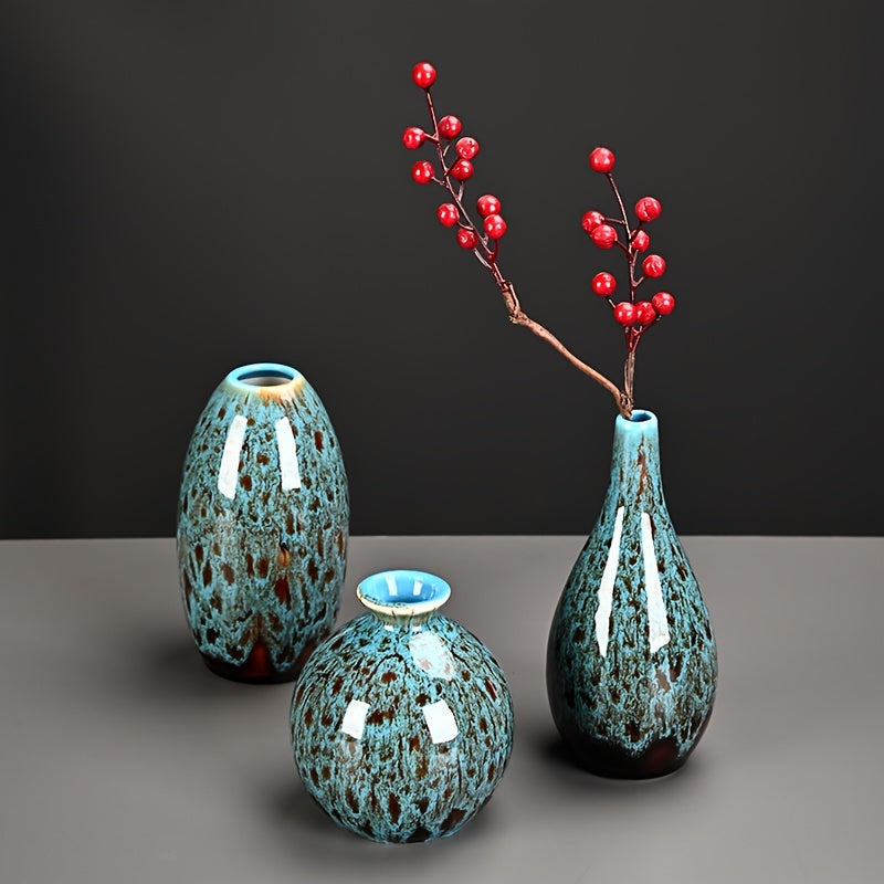 Vases with Set of Three Ceramic Mini Blue Glazed Texture