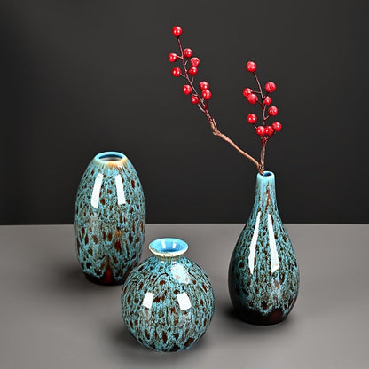 Vases with Set of Three Ceramic Mini Blue Glazed Texture