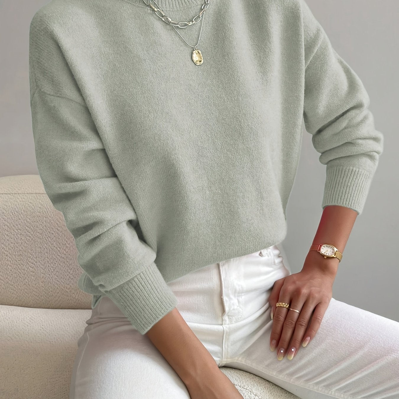 Ladies' Knitted Jumper with a High Neck and Long Sleeves for Autumn Winter