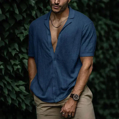 Linen Shirt for Men with Button Closure and Breathable Knit