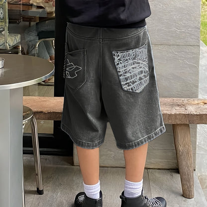 Casual Bermuda Denim Shorts for Loose Fit with Stylish Floral Embroidery